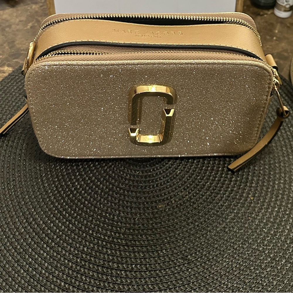Marc Jacobs Gold Glitter Snapshot Soft Gold Crossbody Bag